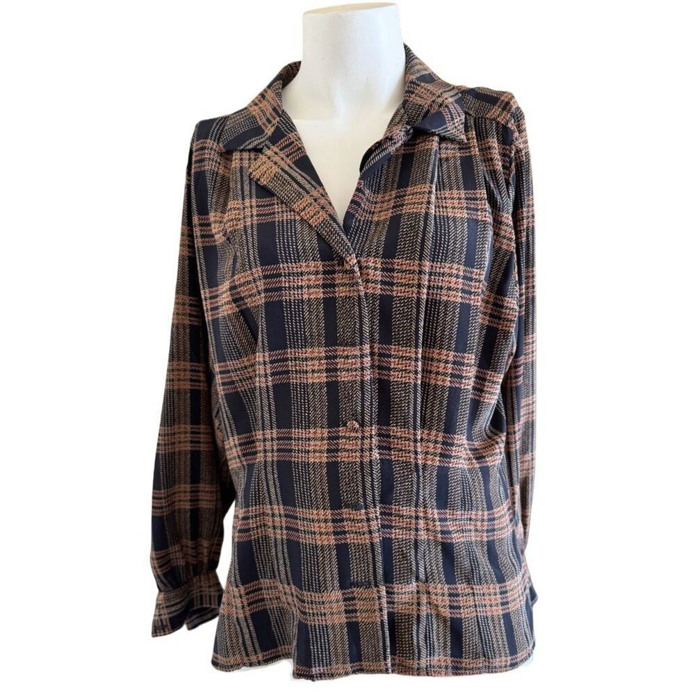 Lilli Ann Collections L brown black plaid vintage 70s pullover blouse